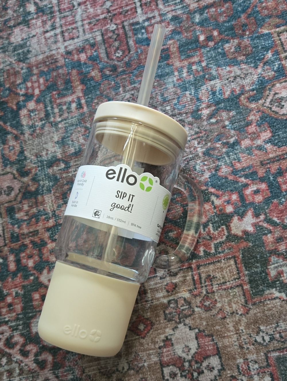 Sip It Good! Ello 18 Oz Glass Travel Cup Mug Tumbler - Cream